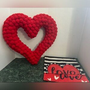 Be My Valentine!! Red Pom Pom Heart Wreath & Two Matching Heart Garden Flags